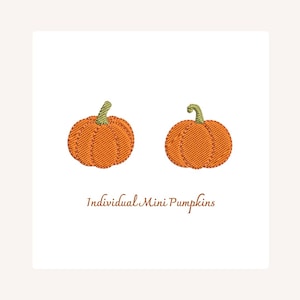 May include: Two embroidered orange pumpkins with green stems on a white background. The text "Individual Mini Pumpkins" is below the pumpkins. The pumpkins are a fall or autumn theme.
