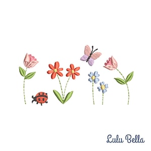 May include: Embroidered design featuring a ladybug, butterfly, and various flowers in pink, red, and blue colours. The design is perfect for a spring or summer theme.