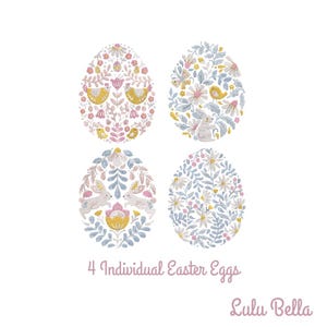 Op de afbeelding: Vier decoratieve paaseieren met bloemen- en dierlijke ontwerpen. Elk ei heeft een uniek patroon van bloemen, vogels en konijnen in pastelkleuren. De tekst "4 Individual Easter Eggs" staat eronder, met het Lulu Bella logo.