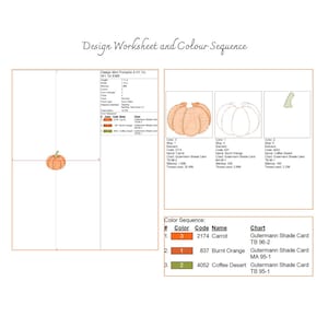 May include: A digital design worksheet for a mini pumpkin embroidery pattern. The document displays a small orange pumpkin graphic, technical specifications, and a colour sequence chart listing Gutermann thread codes 2174, 837, and 4052.
