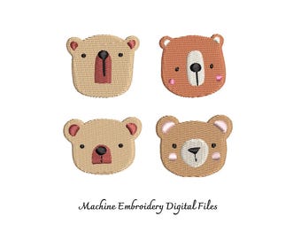 テディベアの顔のミシン刺繍用デジタルファイル - 4種類のミニデザイン（3サイズ）