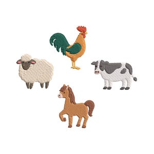 May include: Embroidered farm animal designs including a rooster, sheep, cow, and horse. The rooster is orange, yellow, and green. The sheep is white with a black face. The cow is black and white. The horse is brown.