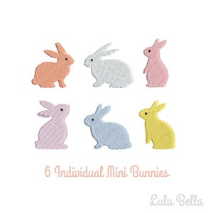May include: Six individual mini bunny embroidery designs in various colours, including pink, blue, yellow, and orange. The designs are perfect for adding a touch of whimsy to any project.