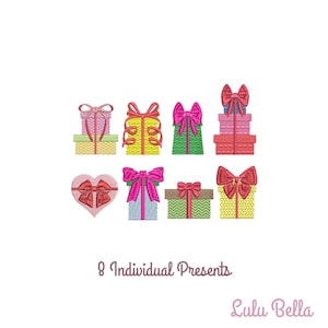 May include: Eight embroidered designs of individual presents with various colors and patterns. The designs include a heart-shaped box, a stack of boxes, and single boxes with bows.