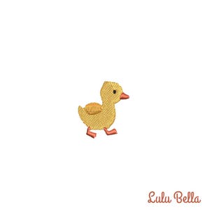 May include: A small yellow duckling with orange feet and beak, walking to the right. The duckling is embroidered on a white background.