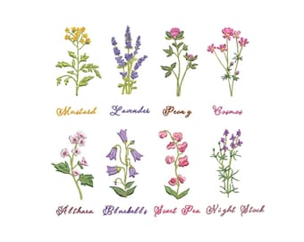 Puede incluir: Diseños bordados de varias flores, incluyendo mostaza, lavanda, peonía, cosmos, altea, campanillas, guisante dulce y alhelí. Cada flor está etiquetada con su nombre.