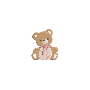 May include: An embroidered patch of a light brown teddy bear sitting down. The bear features a white belly, white inner ears, and white paw pads. A pink ribbon is tied in a bow around the bear's neck. The design is rendered in brown, white, and pink thread.