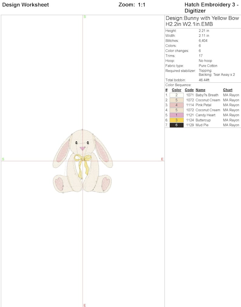 K&ouml;nnte beinhalten: Ein gesticktes Design eines Hasen mit gelber Schleife. Das Design ist 5,6 cm hoch und 5,4 cm breit. Das Design hat 6 Farben und 6.404 Stiche. Der Stoff ist reine Baumwolle.