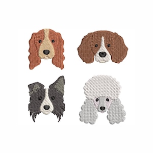 Könnte beinhalten: Vier gestickte Hundegesichter: ein Spaniel, ein Beagle, ein Border Collie und ein Pudel. Der Spaniel ist braun und hellbraun, der Beagle ist braun und weiß, der Border Collie ist schwarz und weiß, und der Pudel ist grau.