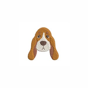 May include: Embroidered patch featuring a cartoon basset hound dog's head. The dog has brown and tan fur, with a white muzzle and a brown nose. The dog's long ears are tan with pink accents. The patch is on a white background.