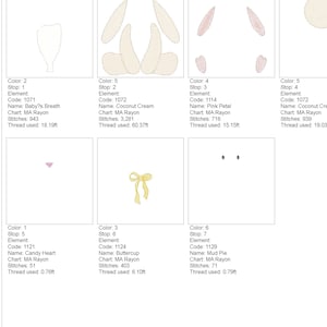 K&ouml;nnte beinhalten: Eine Stickdesign-Sequenz mit Elementen eines Hasen. Das Design umfasst einen hellbeige Kopf, rosa Innenohren und eine gelbe Schleife. Die Farbsequenz und der Fadenverbrauch werden ebenfalls angezeigt.