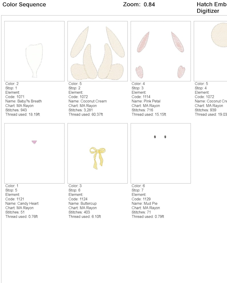 K&ouml;nnte beinhalten: Eine Stickdesign-Sequenz mit Elementen eines Hasen. Das Design umfasst einen hellbeige Kopf, rosa Innenohren und eine gelbe Schleife. Die Farbsequenz und der Fadenverbrauch werden ebenfalls angezeigt.