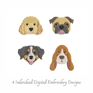 Könnte beinhalten: Vier digitale Stickdesigns mit Hunde-Gesichtern: ein goldener Cocker Spaniel, ein beigefarbener Mops, ein Berner Sennenhund und ein Basset Hound. Der Text "4 Individual Digital Embroidery Designs" steht darunter.