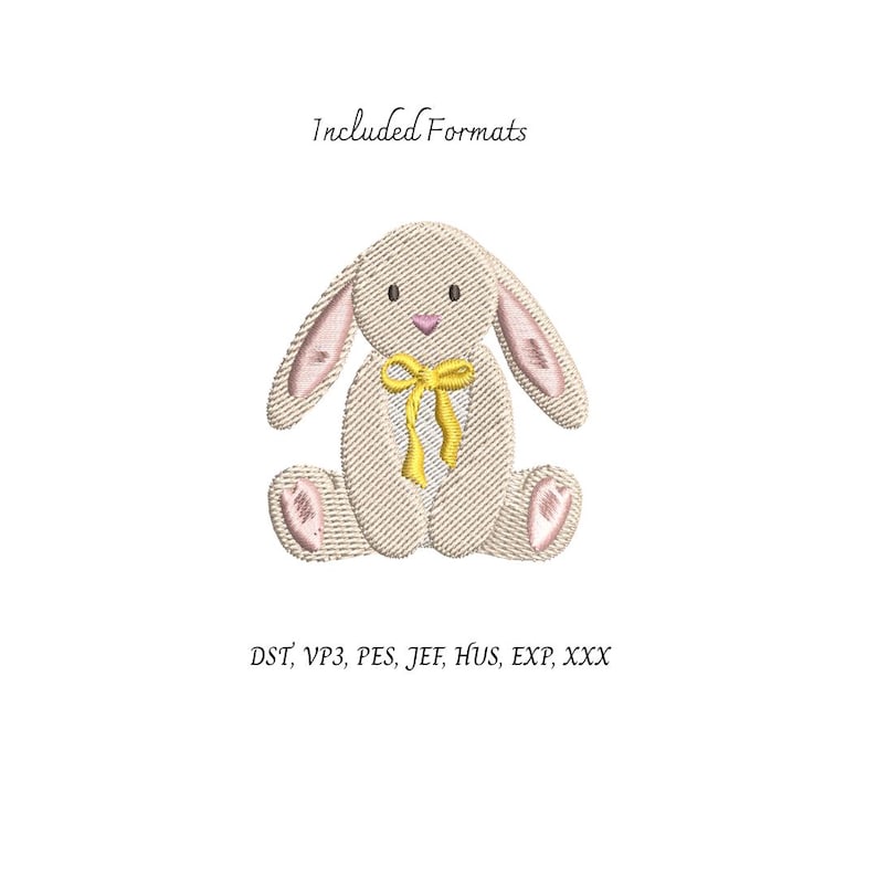 K&ouml;nnte beinhalten: Ein gesticktes Hasen-Design in Beige mit rosa Akzenten an Ohren und F&uuml;&szlig;en und einer gelben Schleife. Der Text "Included Formats" steht &uuml;ber dem Hasen, darunter Stickdateiformate: DST, VP3, PES, JEF, HUS, EXP, XXX.