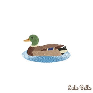 May include: A brown and green mallard duck with a yellow beak is swimming in blue water. The duck is facing to the right.