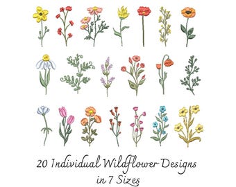 Wildflower Embroidery Designs: 20 Botanical Files, 7 Sizes (Digital Download)
