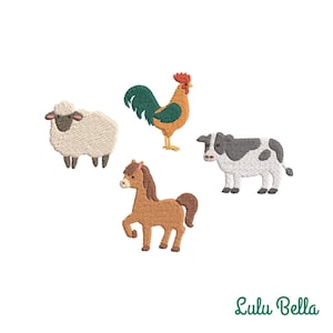 Mini Farm Animals Machine Embroidery - Cow Sheep Pony Rooster - 4 Individual Digital Files in 3 Sizes - Instant Download