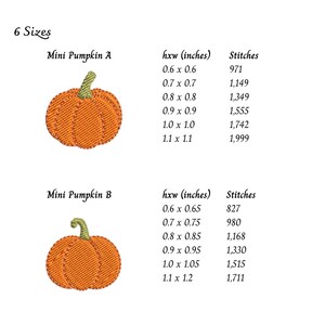 May include: An embroidery design chart titled 6 Sizes featuring two orange pumpkin illustrations labelled Mini Pumpkin A and Mini Pumpkin B. Each pumpkin includes a table listing hxw in inches and stitch counts ranging from 0.6 to 1.1 inches.