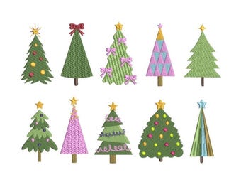Christmas Tree Machine Embroidery Digital Files: 10 Individual Designs in 3 Sizes