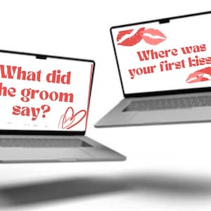 Puede incluir: Dos pantallas de portátiles con texto rojo sobre fondo blanco. La pantalla superior dice "¿Dónde fue tu primer beso?" con una huella de labios rojos. La pantalla inferior dice "¿Qué dijo el novio?" con un corazón rojo.