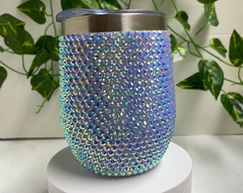 Bling Wine Tumbler: Light Blue Resin Rhinestones, Insulated 12oz with Lid & Straw