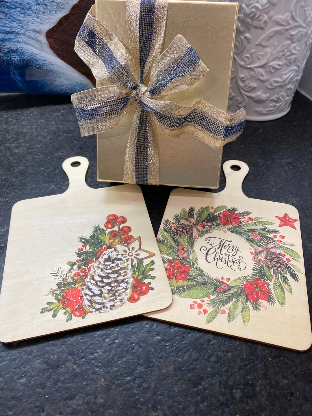 Set of 2 christmas cutting boards holiday gift tags place etsy