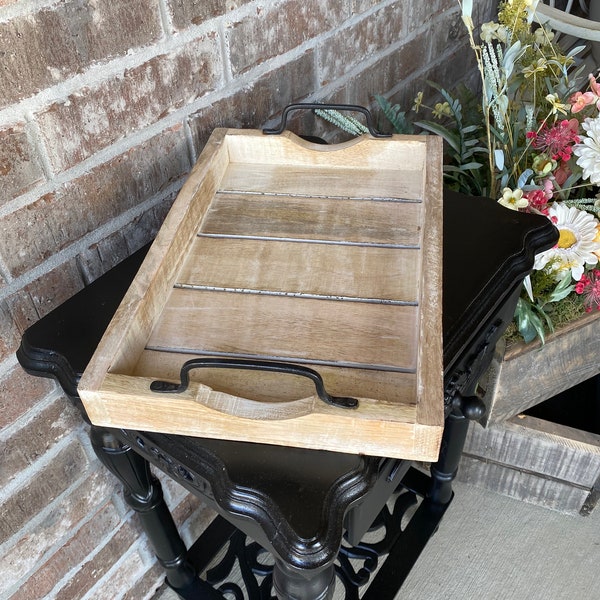 Farmhouse Tray - Country Tray - Wooden Serving Tray with Metal Handles - Slight White Wash