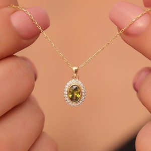 Peridot Real Diamonds Surrounded Bezel Oval Necklace, Stunning 14K Solid Gold Charms, Handmade August Birthstone Pendant, Christmas Gift