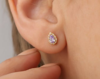 Alexandrite Real Diamond Halo Earrings, 14K Solid Gold June Birthstone Teardrop Studs