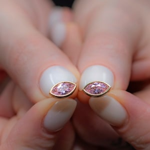 Pink Tourmaline Stud Earring 14K Solid Gold Bezel Marquise, October Birthstone Jewelry - Gifts for Christmas, Birthday or Girlfriend