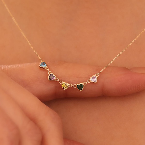 Gepersonaliseerde 14K 10K massief gouden familie geboortesteen hartketting, moedercadeau, hartsieraden