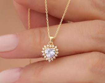 Hartketting alexandriet, 14K 10K 8K massief gouden echte diamanten halo, geboortesteen juni