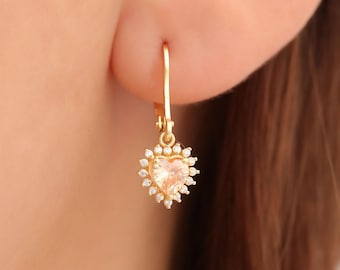 Citrien hart hangoorbellen echte diamant halo, november geboortesteen 14K 10K 8K massief goud