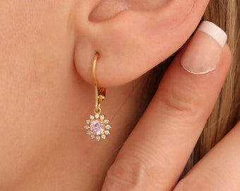 Pink Tourmaline Real Diamond Dangle Earrings, October Birthstone, 14K 10K 8K Solid Gold
