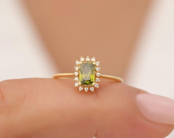 Peridot Rechteck Echt Diamant Halo Ring, 14K Solid Gold Peridot Rechteck Ring, Weihnachtsgeschenk, Chic August Birthstone Schmuck