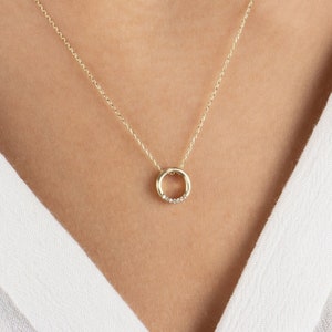 Real Diamond Circle Necklace 14K Solid Gold, Round Tip Open Circle Pendant, Perfect Gift for Mother's Day - Girlfriend - Wife