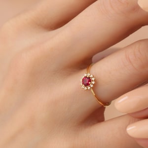 Round 14K Solid Gold Ring with Ruby, Real Diamond July Birthstone Ring, Perfect Anniversary or Engagement or Mother&#39;s Day Gift for Her