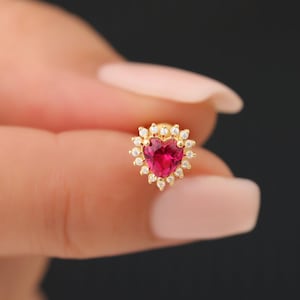 Ruby Real Diamond Surrounded Heart Earring, 14K Solid Gold Studs, July Birthstone Jewelry,
