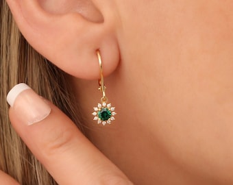 Emerald Earrings, Real Diamond Round Cut Dangle, May Birthstone, 14K 10K 8K Solid Gold