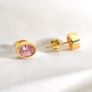 Pink Tourmaline Stud Earring, 14K Solid Gold Jewelry, Bezel Oval Cut Stud Earring, October Birthstone Pink Tourmaline Earring,Christmas Gift