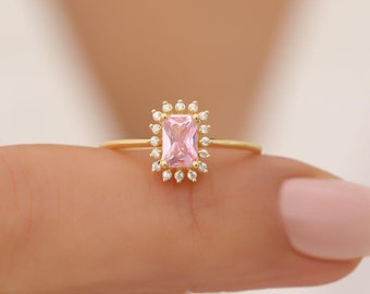 Rectangle Pink Tourmaline Ring, Real Diamond Halo, 14K 10K 8K Solid Gold, October Birthstone