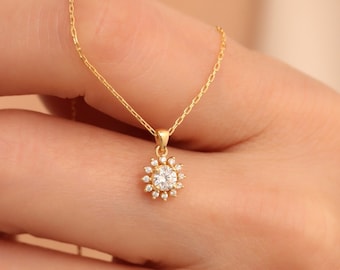 Real Diamond Round White Topaz Necklace 14K Solid Gold, April Birthstone, Perfect Gift for Mother's Day - Girlfriend - Wife