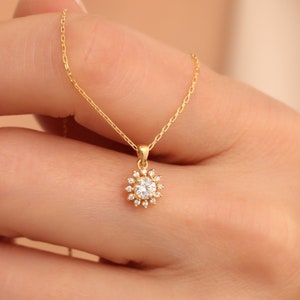 Real Diamond Round White Topaz Necklace 14K Solid Gold, April Birthstone, Perfect Gift for Mother's Day - Girlfriend - Wife