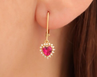 Ruby Real Diamond Surrounded Heart Dangle Earrings, July Birthstone 14K 10K 8K Solid Gold