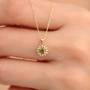 Real Diamond 14K Solid Gold Peridot Necklace: August Birthstone Round Pendant