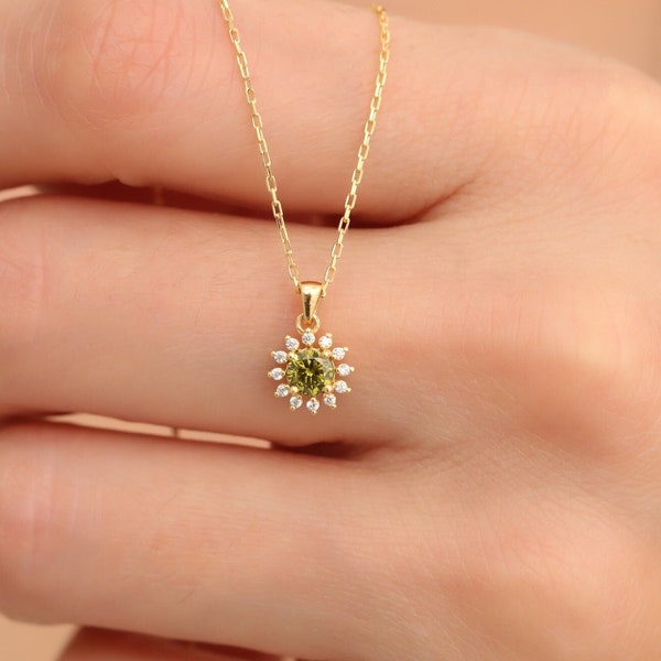 Real Diamond Round Peridot Necklace 14K Solid Gold, August Birthstone, Perfect Gift for Mother's Day - Girlfriend - Wife