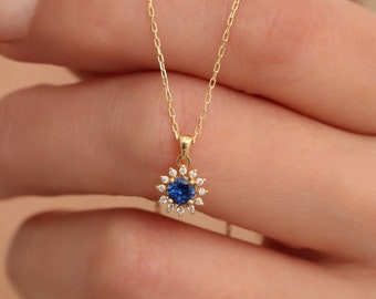 Real Diamond Round Sapphire Necklace 14K Solid Gold, September Birthstone Pendant, Perfect Gift for Mother's Day - Girlfriend - Wife