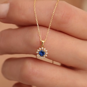 Real Diamond Round Sapphire Necklace 14K Solid Gold, September Birthstone Pendant, Perfect Gift for Mother&#39;s Day - Girlfriend - Wife
