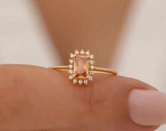 Eleganter Rechteck Citrin 14K Massivgoldring, Citrinring mit echtem Diamant, Weihnachtsgeschenk, November Geburtsstein Rechteckiger Citrinring