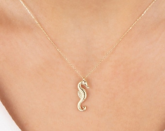 Real Diamond Seahorse Necklace 14K Solid Gold, Minimalist Seahorse Jewelry, Perfect Gift for Mother's Day - Girlfriend - Wife